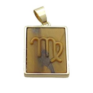 Natural Tiger Eye Stone Pendant Zodiac Virgo Rectangle Gold Plated, approx 16-20mm