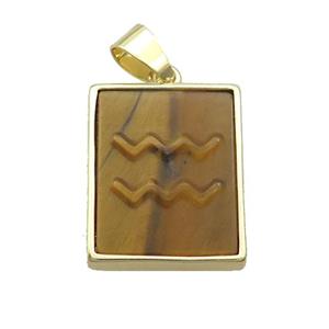 Natural Tiger Eye Stone Pendant Zodiac Aquarius Rectangle Gold Plated, approx 16-20mm