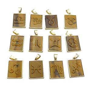 Natural Tiger Eye Stone Pendant Zodiac Mixed Rectangle Gold Plated, approx 16-20mm