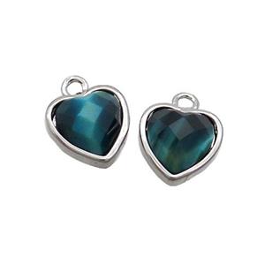 Peacock Blue Tiger Eye Stone Heart Pendant Platinum Plated, approx 11mm