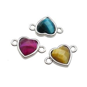 Mixed Tiger Eye Stone Heart Connector Platinum Plated, approx 11mm