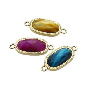 Mixed Tiger Eye Stone Oval Connector Gold Plated, approx 9-16mm