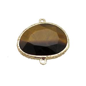 Natural Tiger Eye Stone Connector Oval Gold Plated, approx 18-22mm