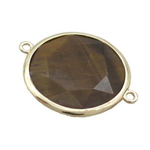 Natural Tiger Eye Stone Circle Connector Faceted Gold Plated, approx 25mm dia