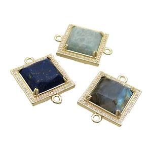 Copper Square Connector Pave Gemstone Gold Plated Mixed, approx 25mm