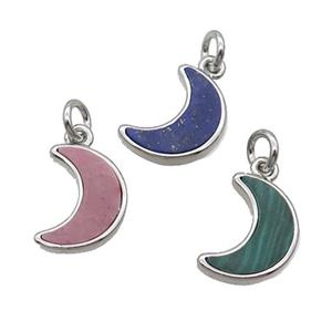 Copper Moon Pendant Pave Gemstone Platinum Plated Mixed, approx 9-13mm