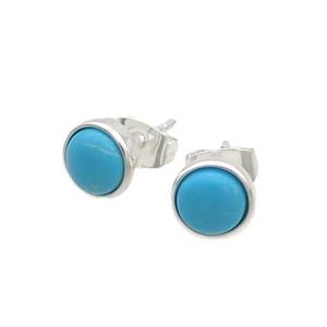Blue Magnesite Turquoise Stud Earring Platinum Plated, approx 7.5mm