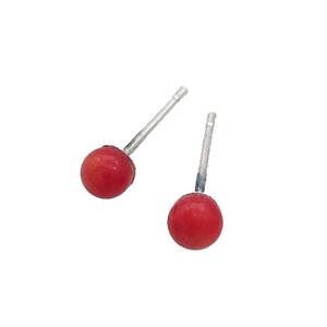 Red Coral Stud Earring 925 Sterling Silver, approx 4mm
