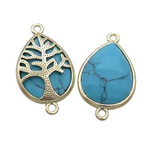 Blue Dye Turquoise Teardrop Connector Tree Of Life Gold Plted, approx 15-20mm