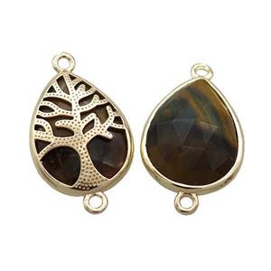 Natural Tiger Eye Stone Teardrop Connector Tree Of Life Gold Plted, approx 15-20mm