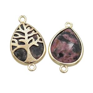 Natural Pink Rhodonite Teardrop Connector Tree Of Life Gold Plted, approx 15-20mm