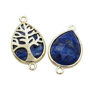Natural Blue Lapis Lazuli Teardrop Connector Tree Of Life Gold Plted, approx 15-20mm