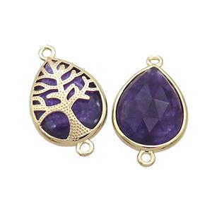 Natural Purple Amethyst Teardrop Connector Tree Of Life Gold Plted, approx 15-20mm
