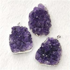 Natural Amethyst Druzy Cluster Pendant Freeform Silver Plated, approx 20-40mm