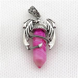 Alloy Dragon Pendant Pave Hotpink Stripe Agate Antique Silver, approx 10mm, 25-40mm