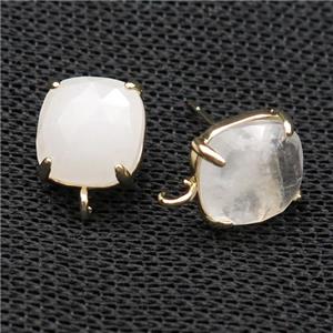 Copper Stud Earring Pave Clear Quartz Square Gold Plated, approx 11mm