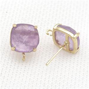 Copper Stud Earring Pave Purple Amethyst Square Gold Plated, approx 11mm