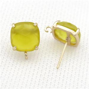 Copper Stud Earring Pave Jade Quartz Square Gold Plated, approx 11mm
