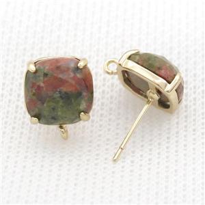 Copper Stud Earring Pave Unakite Square Gold Plated, approx 11mm