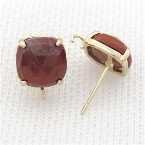 Copper Stud Earring Pave Red Jasper Square Gold Plated, approx 11mm