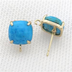 Copper Stud Earring Pave Blue Turquoise Dye Square Gold Plated, approx 11mm