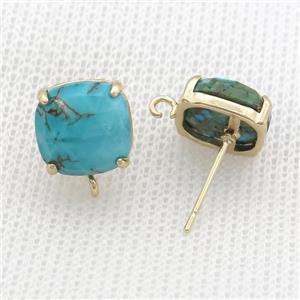 Copper Stud Earring Pave Green Turquoise Dye Square Gold Plated, approx 11mm