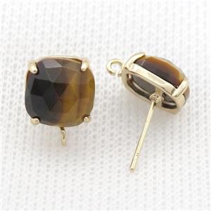 Copper Stud Earring Pave Tiger Eye Square Gold Plated, approx 11mm