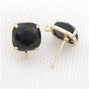 Copper Stud Earring Pave Black Onyx Agate Square Gold Plated, approx 11mm