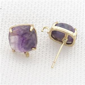 Copper Stud Earring Pave Purple Fluorite Square Gold Plated, approx 11mm