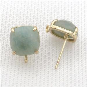 Copper Stud Earring Pave Green Amazonite Square Gold Plated, approx 11mm