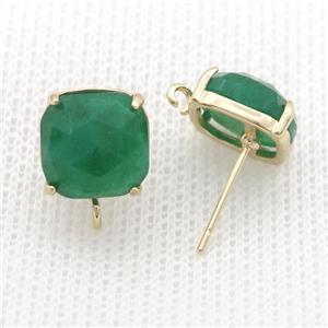 Copper Stud Earring Pave Green Strawberry Quartz Square Gold Plated, approx 11mm