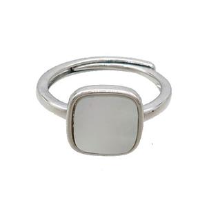 Copper Ring Pave White Shell Adjustable Square Platinum Plated, approx 10mm, 18mm dia