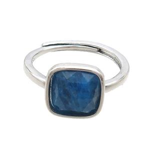 Copper Ring Pave Blue Apatite Square Adjustable Platinum Plated, approx 10mm, 18mm dia
