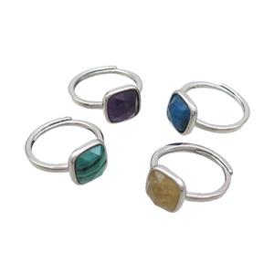 Copper Ring Pave Gemstone Square Adjustable Platinum Plated Mixed, approx 10mm, 18mm dia