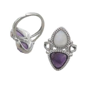 Copper Ring Pave Amethyst Clear Quartz Adjustable Platinum Plated, approx 8-10mm, 10mm, 18mm dia