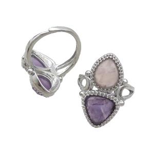 Copper Ring Pave Amethyst Rose Quartz Adjustable Platinum Plated, approx 8-10mm, 10mm, 18mm dia