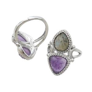 Copper Ring Pave Amethyst Labradorite Adjustable Platinum Plated, approx 8-10mm, 10mm, 18mm dia