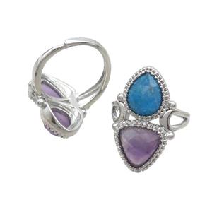 Copper Ring Pave Amethyst Apatite Adjustable Platinum Plated, approx 8-10mm, 10mm, 18mm dia