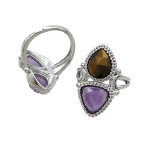 Copper Ring Pave Amethyst Tiger Eye Stone Adjustable Platinum Plated, approx 8-10mm, 10mm, 18mm dia
