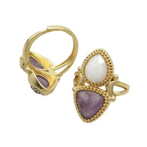 Copper Ring Pave Amethyst Moonstone Adjustable Gold Plated, approx 8-10mm, 10mm, 18mm dia