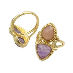 Copper Ring Pave Amethyst Peach Sunstone Adjustable Gold Plated, approx 8-10mm, 10mm, 18mm dia