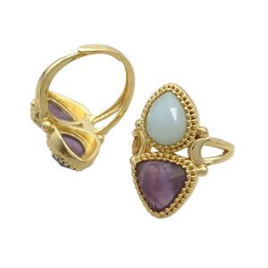 Copper Ring Pave Amethyst Amazonite Adjustable Gold Plated, approx 8-10mm, 10mm, 18mm dia