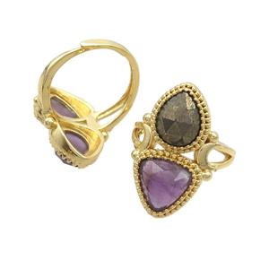 Copper Ring Pave Amethyst Pyrite Adjustable Gold Plated, approx 8-10mm, 10mm, 18mm dia