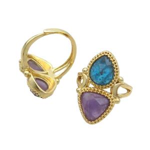 Copper Ring Pave Amethyst Apatite Adjustable Gold Plated, approx 8-10mm, 10mm, 18mm dia