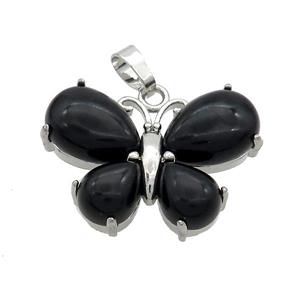 Natural Black Onyx Agate Butterfly Pendant Platinum Plated, approx 20-30mm