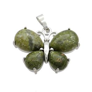 Natural Green Unakite Butterfly Pendant Platinum Plated, approx 20-30mm