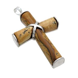 Natural Picture Jasper Cross Pendant Platinum Plated, approx 30-45mm