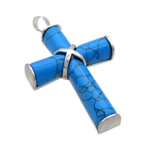 Blue Synthetic Turquoise Cross Pendant Platinum Plated, approx 30-45mm