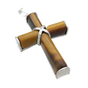 Natural Tiger Eye Stone Cross Pendant Platinum Plated, approx 30-45mm