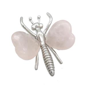 Pink Rose Quartz Pave Butterfly Pendant Alloy Platinum Plated, approx 40-45mm